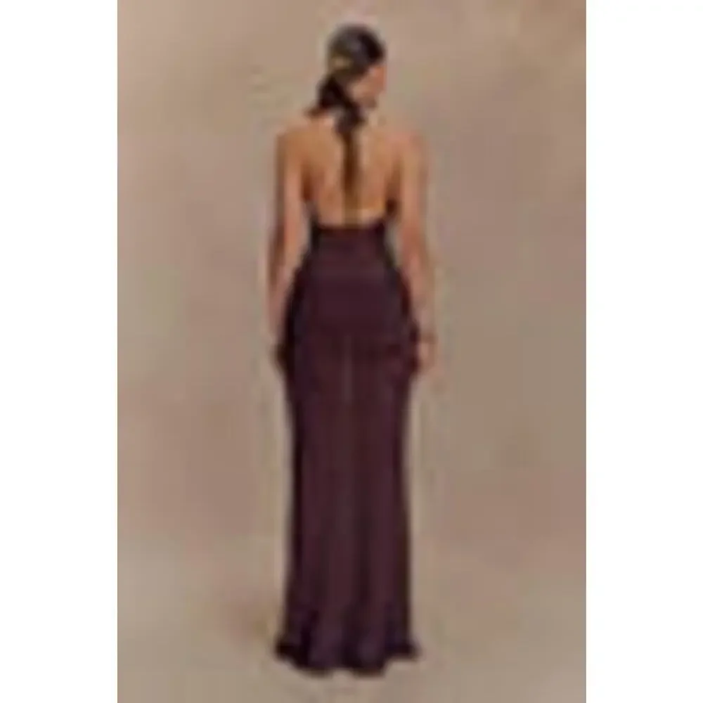 Meshki Reece Halter Neck Open Back Sheer Knit Maxi Dress Chocolate Woemn's Small - Picture 4 of 7